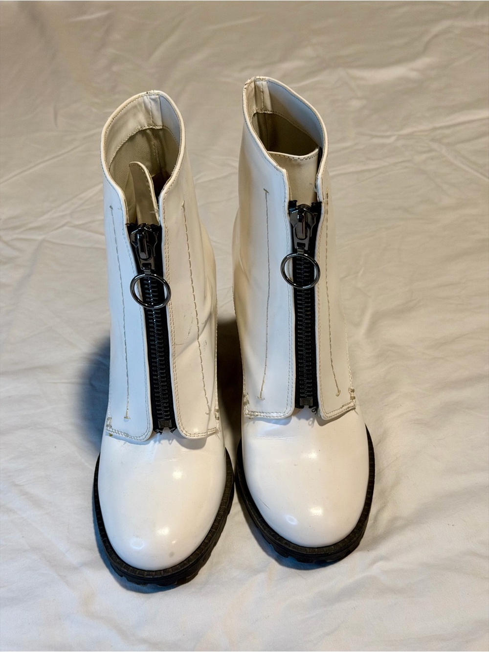 White Front Zip Block Heel Ankle Boots - Picture 5 of 7